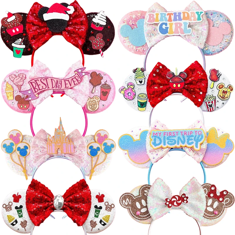 

Disney Mickey Minnie Mouse Ears Headband Girls Sequins Bow Hairbands Women Disneyland Hair Accessories Kids Birthday Party Gifts