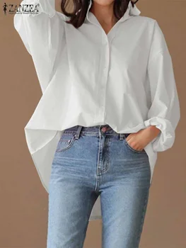 2025 ZANZEA Women Autumn Shirt Casual Lapel Neck Long Sleeve OL Solid Ladies White Blusas Chemise Oversized Tunic Tops S-5XL