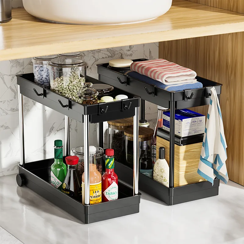 Sotto lavello Organizer Storage Multi-Purpose 2 Tier bagno Organizer  ripiano da appoggio armadio da cucina supporto da banco con ganci -  AliExpress