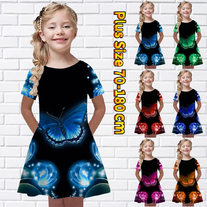 

2023 Little Girl Butterfly Printing Short Sleeve Skirt Summer Round Neck Lovely Dress Fashion Princess Skirt Loose Midi Skirt