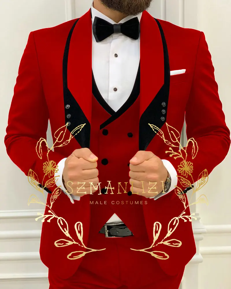 Men Suit 3 Piece Tuxedo Shawl Lapel Groomsmen Wedding Suits Set Fashion Men Business Blazer Jacket Pants Vest mens suit