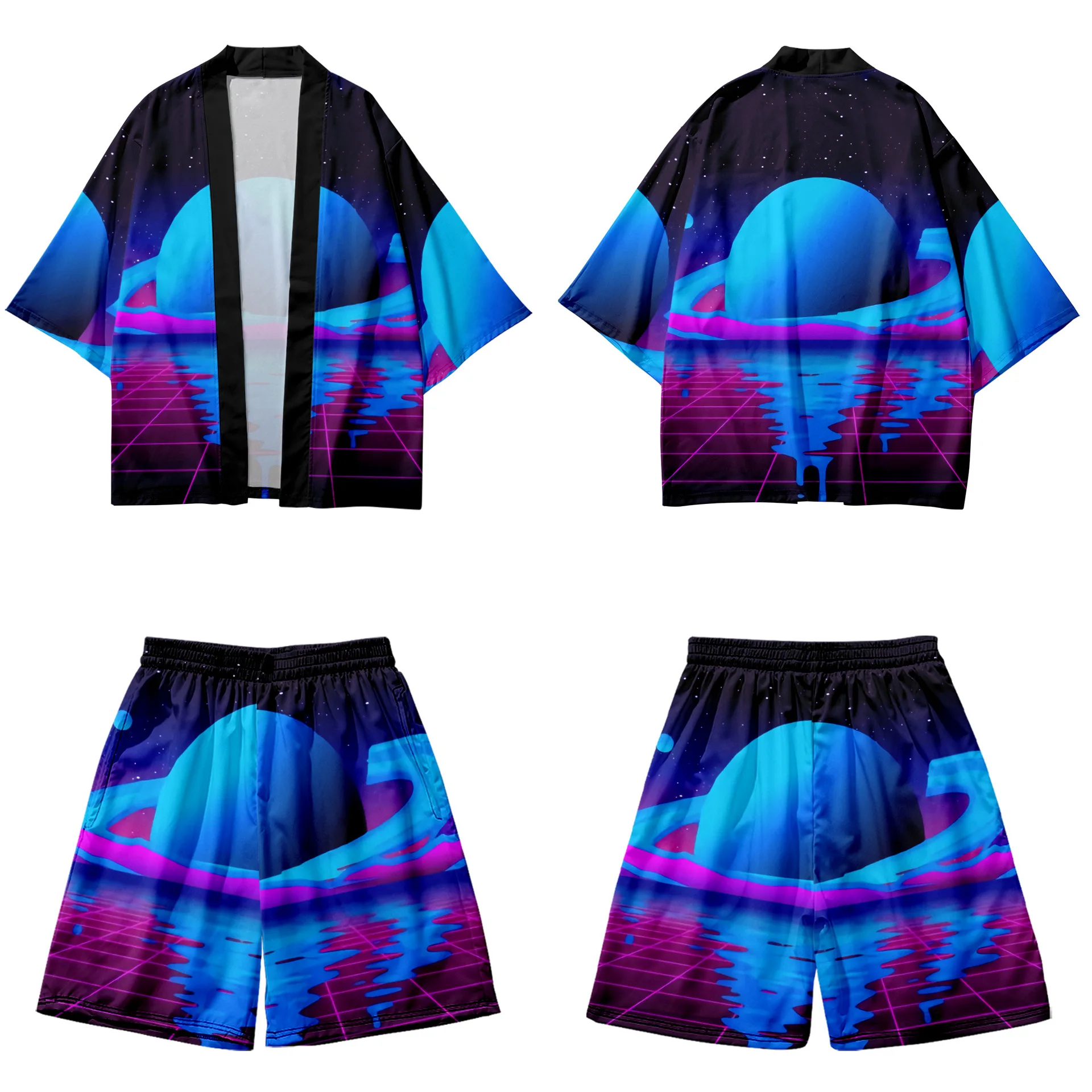 

Planet Printed Couple Women Men Japanese Kimono Casual Loose Cardigan And Beach Shorts Set Asian Clothes Harajuku