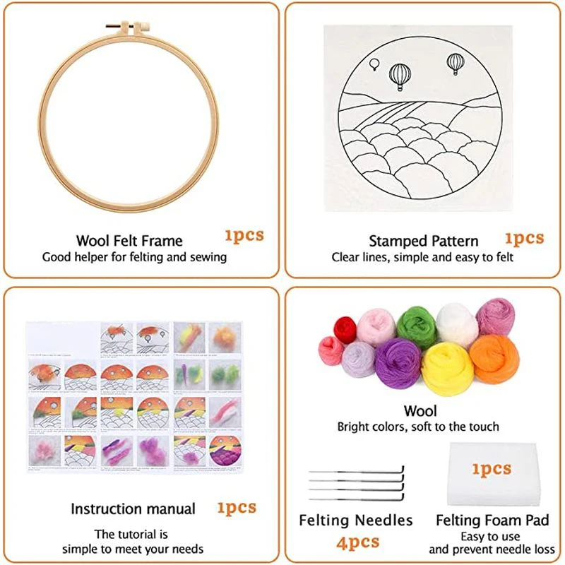 Needle Felting Painting Kit Needle Felting Kit Wool Felting Kit Lavender DIY Wool Felting Painting With Embroidery Frame 20x20cm Balloon Needle Wool Painting Picture For DIY Gift