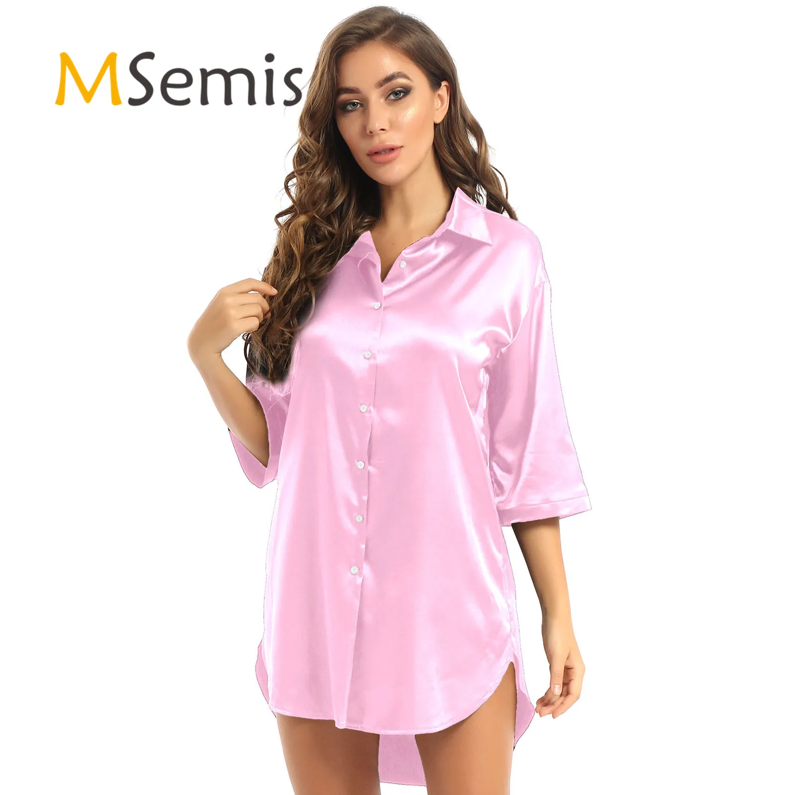Women Satin 3/4 Sleeve Sleepshirt Turn-Down Collar Button Nightdress Sleepwear