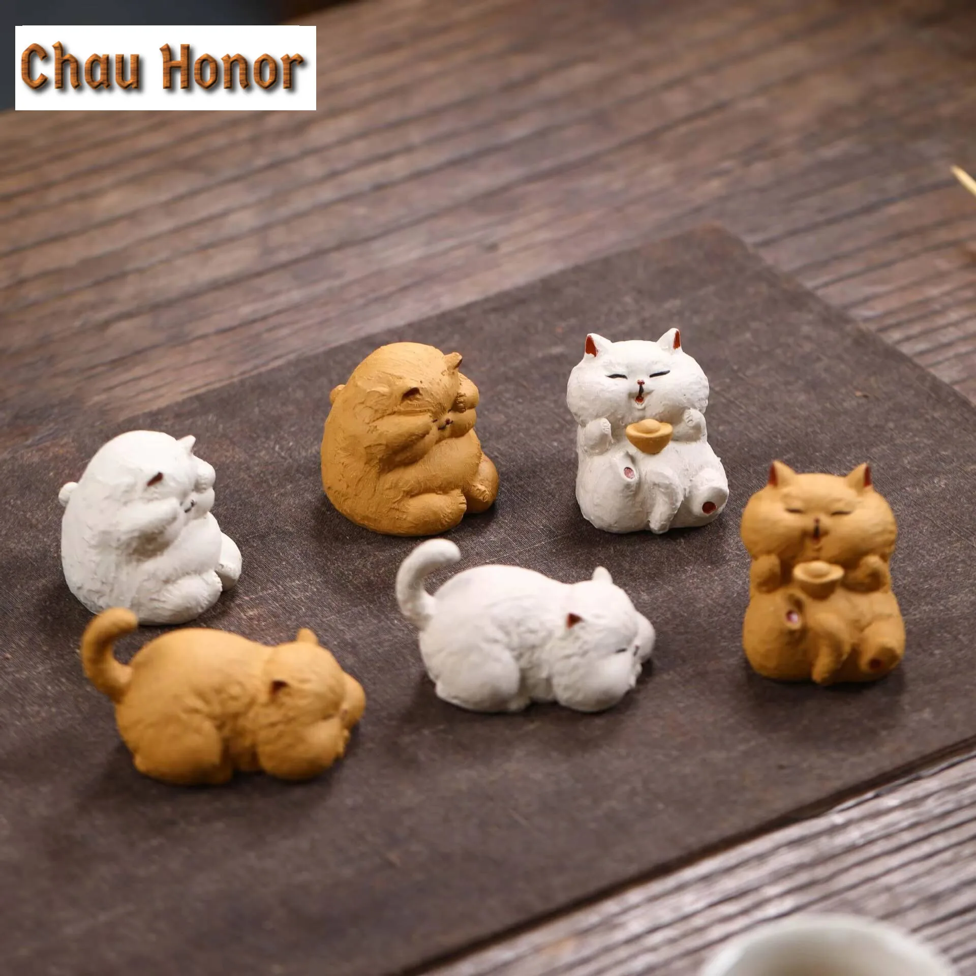 Creative Cat Purple Sand Tea Pet Handcrafted Lucky Ingot Cat Small Ornaments Tea Play Figurine Sculpture Accessories Decoration