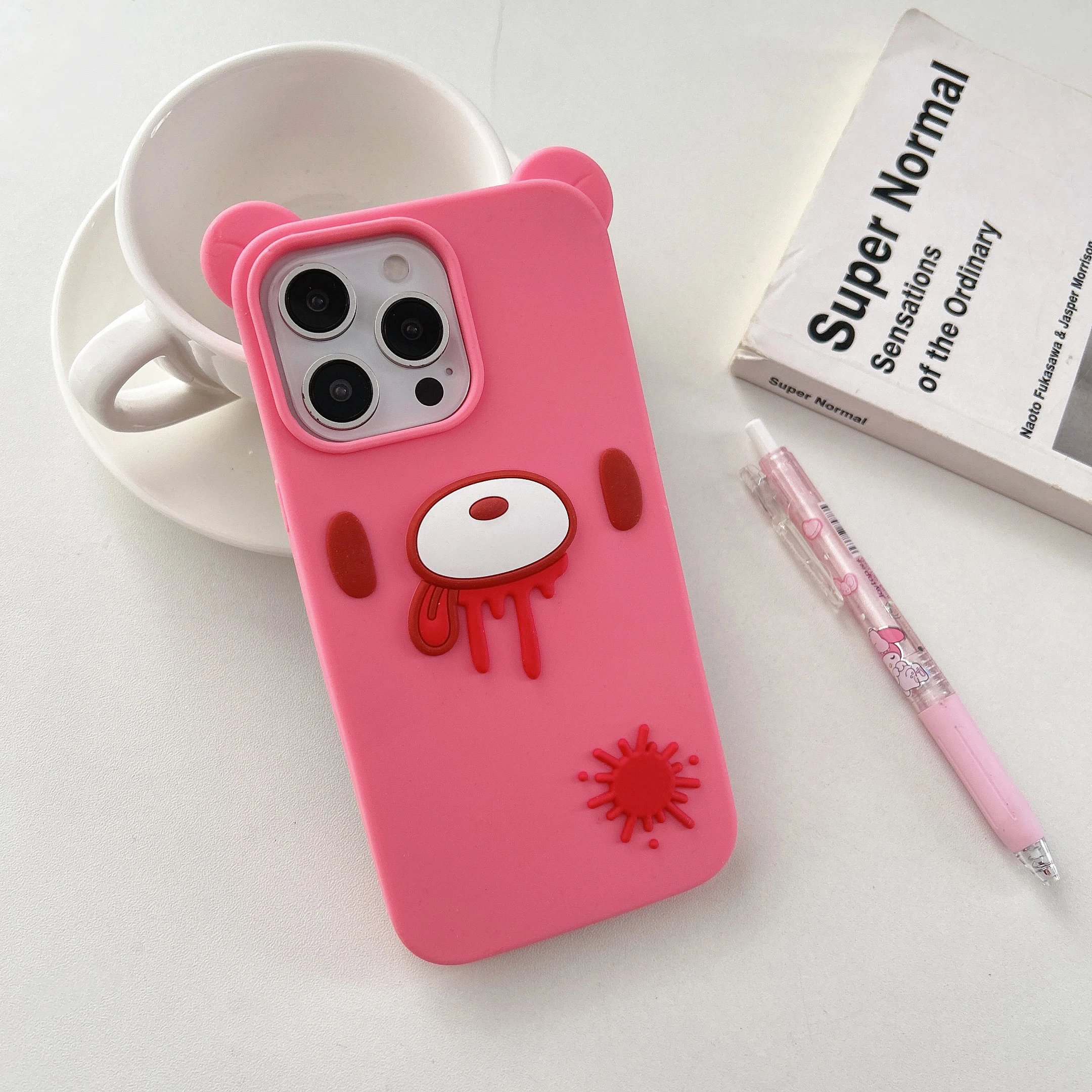 3D Cartoon Cute Gothic Bear Phone Case - Unique Bloody Design, Soft Silicone Cover