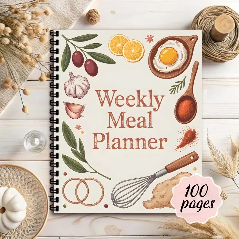 מחברת תכנון ארוחות שבועית, ניהול מטבח, רשימות קניות לתפריט מזון תכנון תזונה בריאה או מעקב אחר הפסד משקל