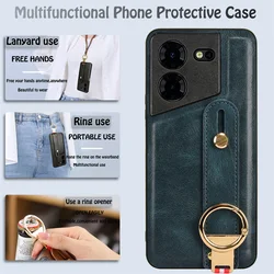 Luxurious Leather Wristband Hand Strap Kickstand Metal Ring Phone Case for Pova 5 Pro (Navy blue)