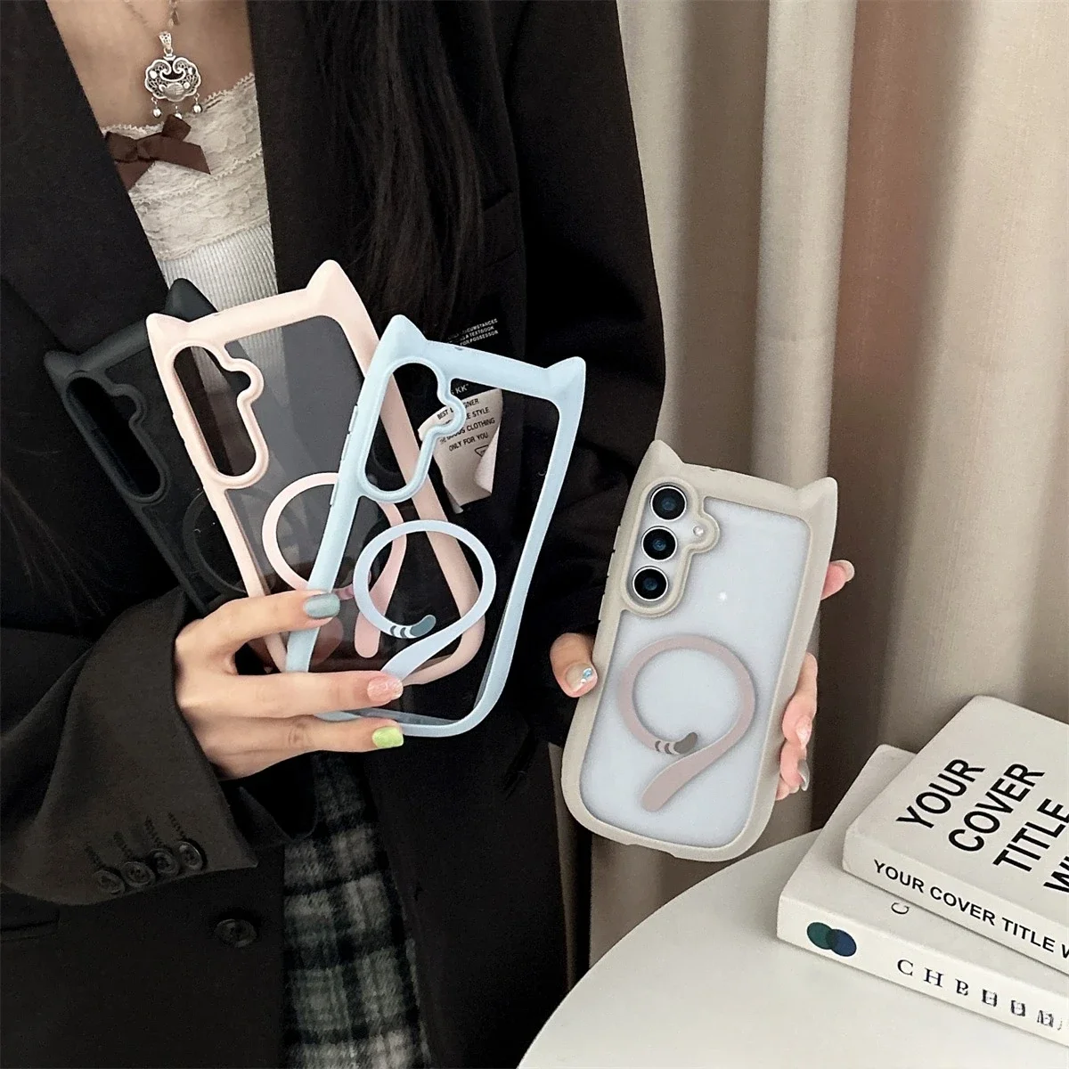 Cute Cat Ear Magnetic Phone Case - Transparent, Wireless Charging-Compatible Shell