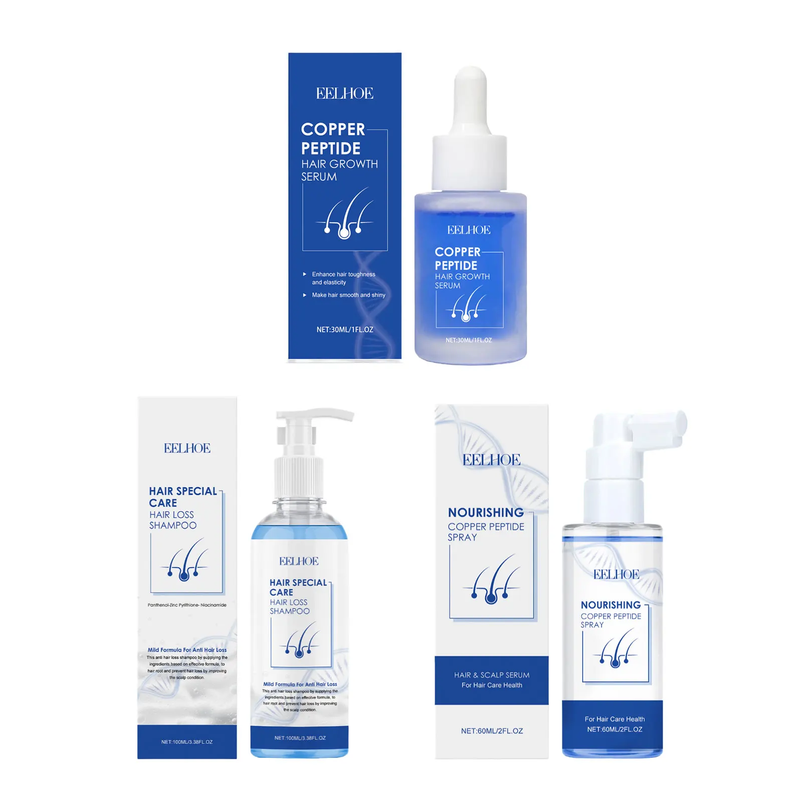 EELHOE Hair Care Set Blue Copper Peptide Serum Anti Hair Loss Treatment Damaged Repair Copper Peptide Growth Products