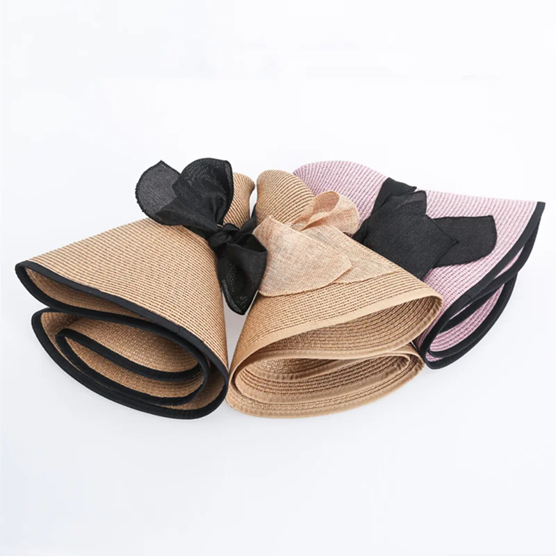 Outdoor Hiking Hat 15CM Wide Brim Beach Straw For Women Simple Foldable Summer Outing Sun Uv Protection Panama