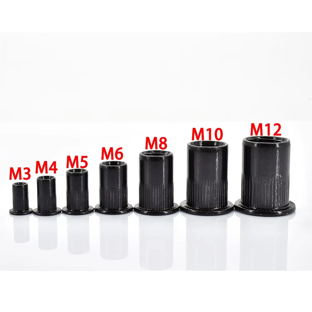 Rivets and Fasteners M3 M4 M5 M6 M8 M10 M12 Flat Rivet Nut Black Carbon Steel Flat Head Threaded Rivet Insert Nutsert Cap 1pcs-50pcs