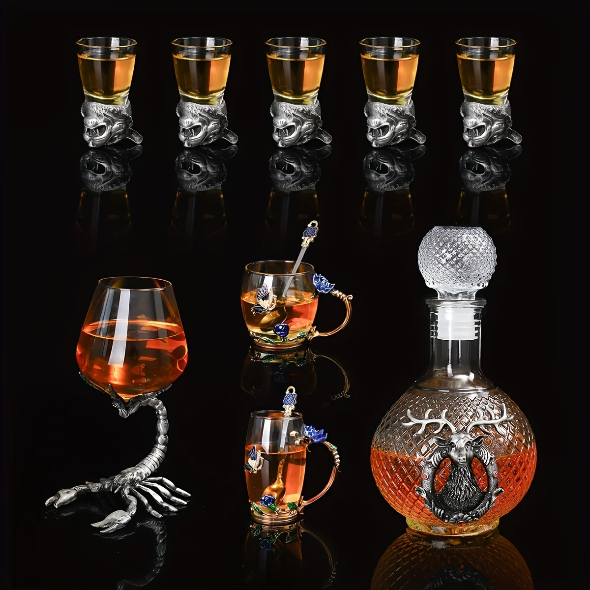 Deer Head Wine Dispenser Zinc Alloy Scorpion Red Wine Glass Blue Rose High Short Flower Tea Cup + Stainless Steel Spoon Classy Deer Head White Pot Dispenser Gift Friend High-End Set
