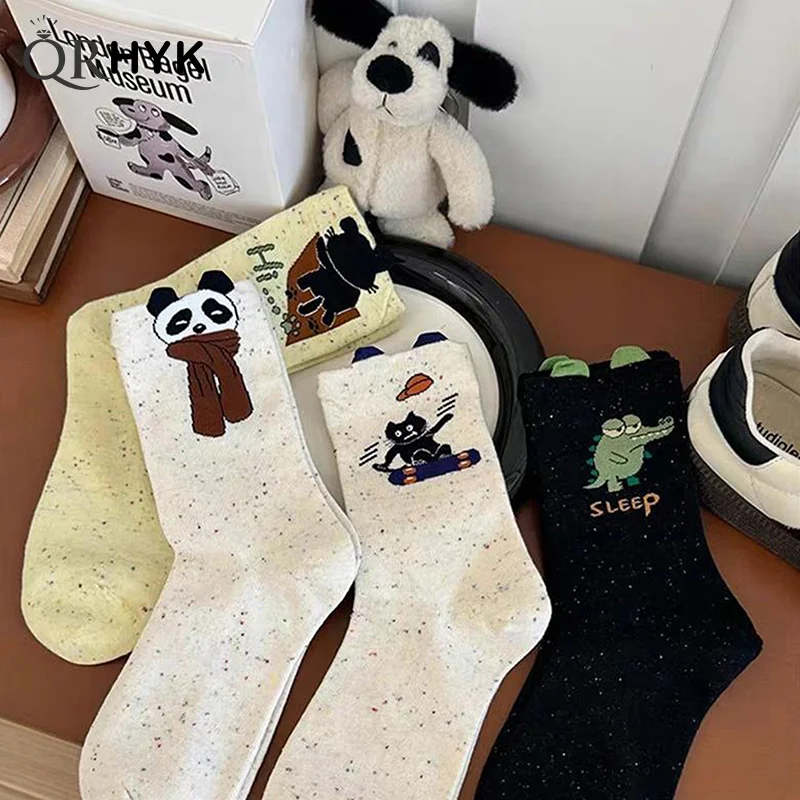 

Носки с мультяшными животными, милые носки средней длины с котом, крокодилом, пандой, спортивные носки в стиле колледжа с поглощением пота
