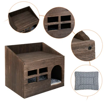 2 In 1 Wooden Cat House Puppy Rabbit Hideout Shelter Small Cat Pet End Table Furniture with Soft Washable Cushion Indoor Outdoor 6