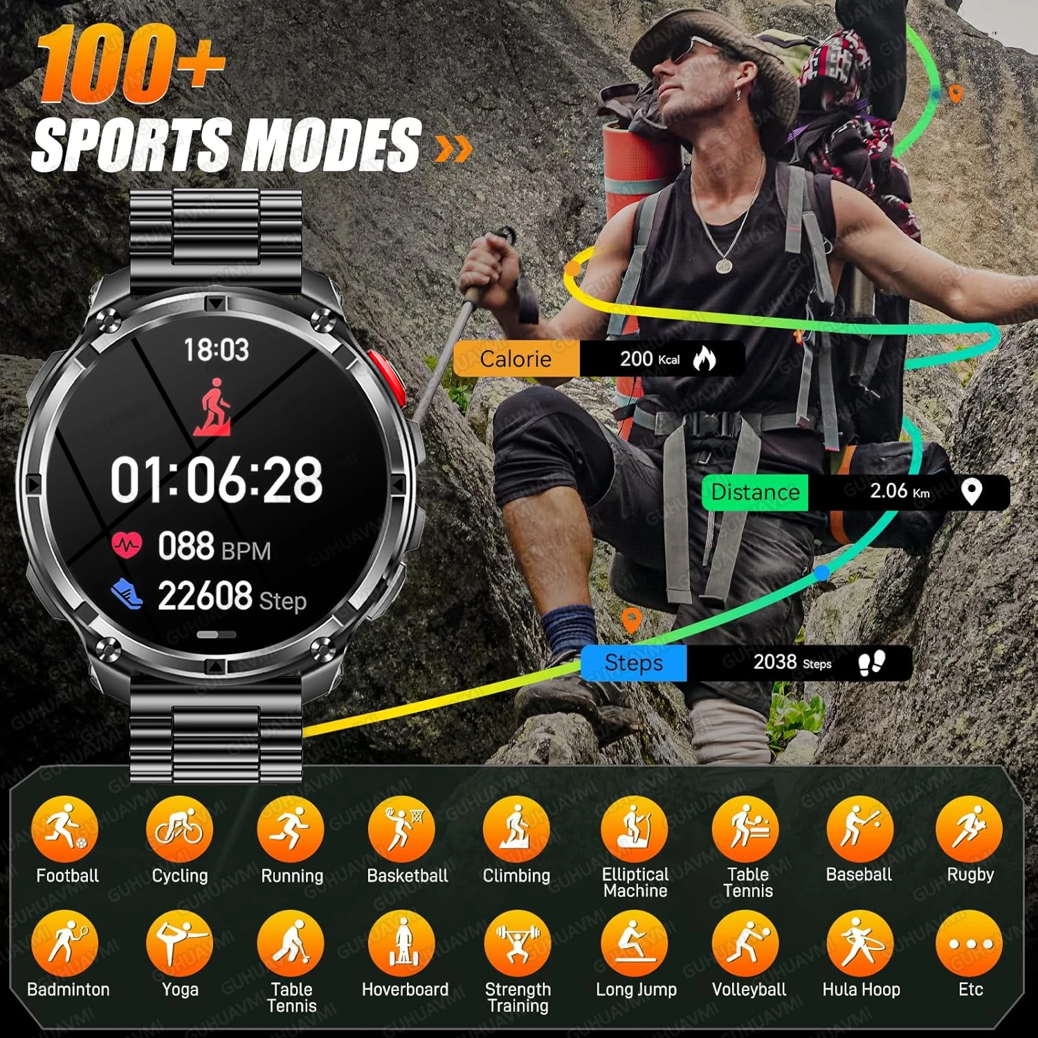 Military Grade 1100mAh Battery Smart Watch AMOLED Men Waterproof Swim Bracelet GPS Compass HD Call Sports Fitness RIDE Run Watch