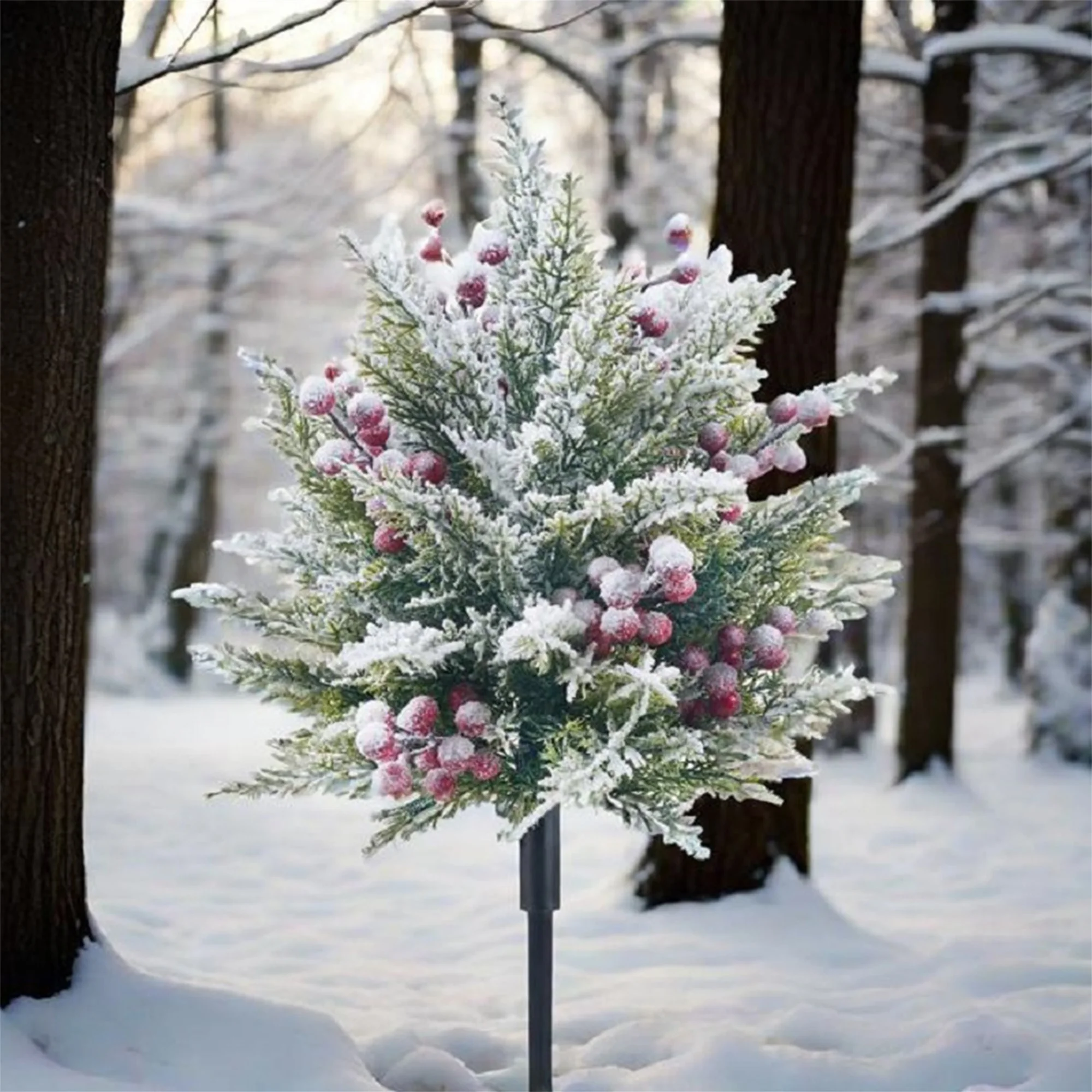 Snowy Artificial Pine Tree Topiary with Ground Spike for Winter Garden Decoration - Faux Greenery Plant for Christmas Festive