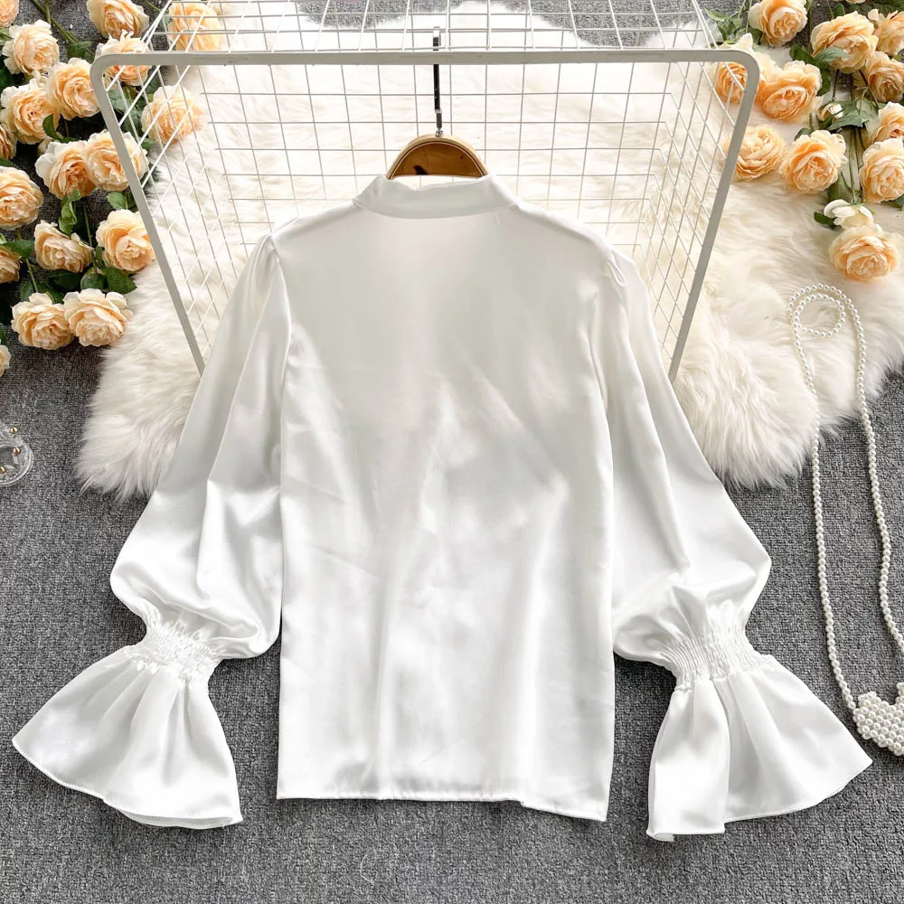Elegant Vintage Ruffle Blouse Single Breasted Puff Long Sleeves 