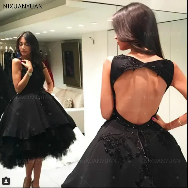 Vestido De Festa Curto Robe De Cocktail Sexy Open Back Black Cocktail Dresses Beaded Appliques Party Dress