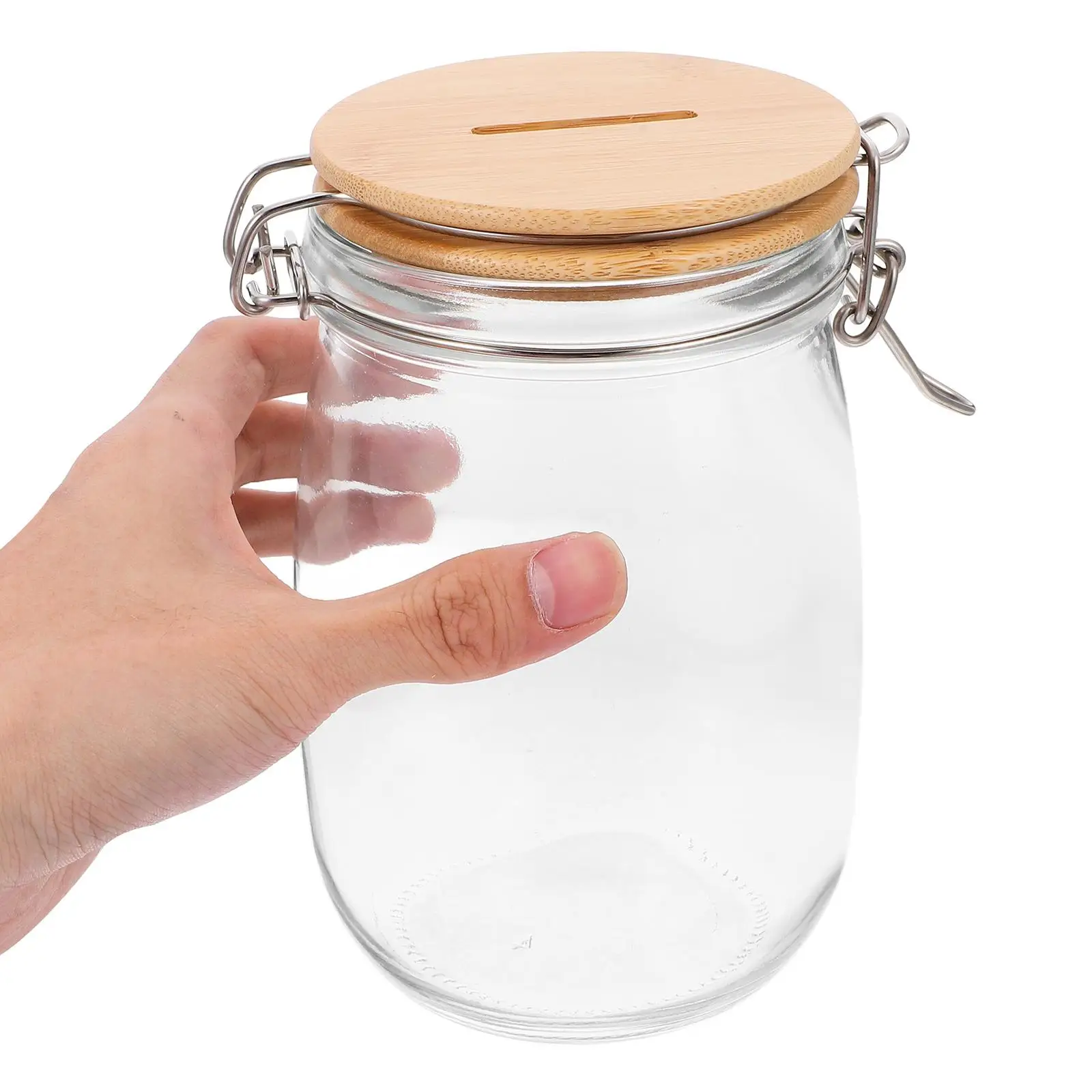 Clear Piggy Bank Large Capacity Money Coin Saving Box Wooden Slotted Lid Piggy Bank Glass Money Jar Raffle Ticket Storage Jar 3