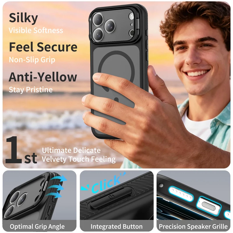 Magnetic Matte Translucent Hard Phone Case with Metal Camera Lens Stand