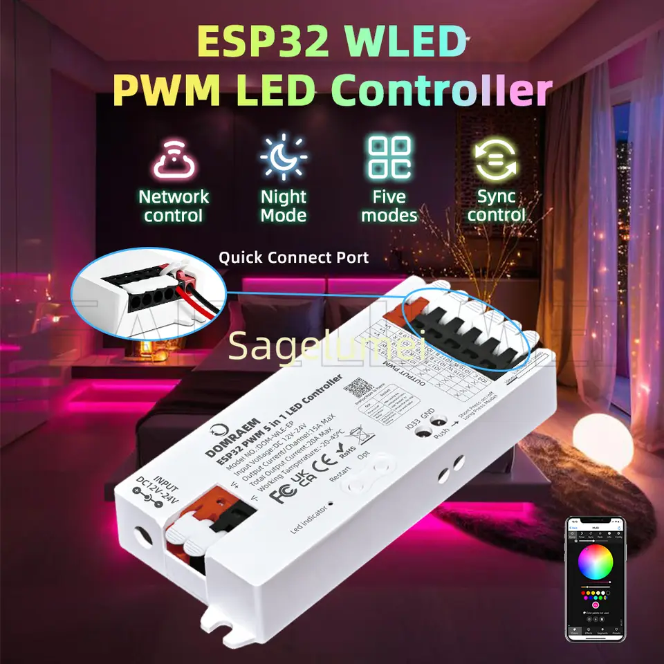ESP32 Work with RGBCCT RGBW RGB CCT Singlecolor PWM 5 in 1 LED controller with UART WiFi WLED APP DIY port for switch connection image 4