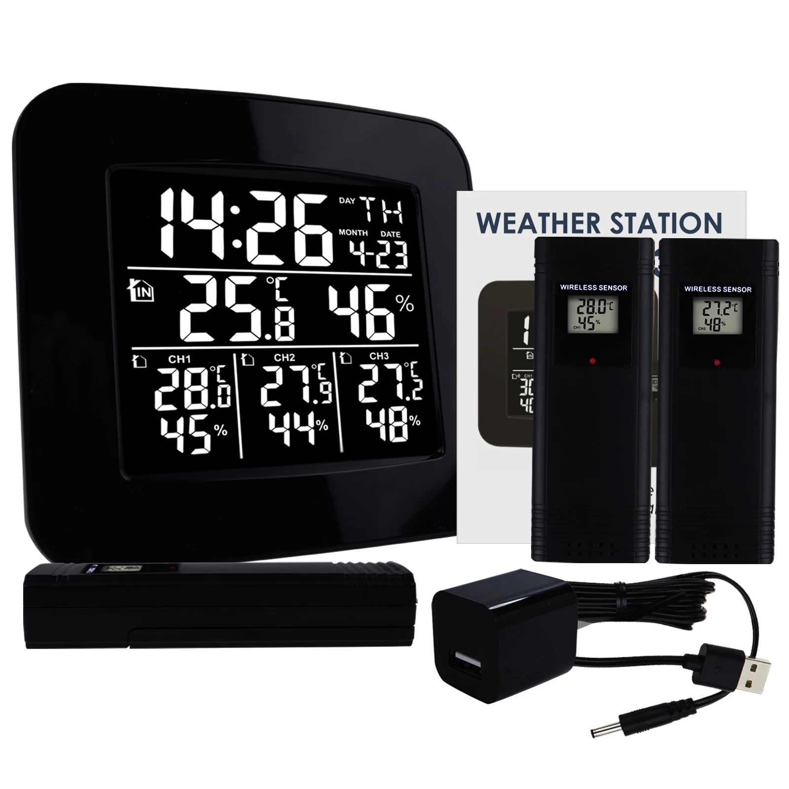 Digital Wireless Weather Station Indoor Outdoor Temperature & Humidity  Measure w/ 3 Sensor, °C/°F Black LED Light Display, Alarm - AliExpress