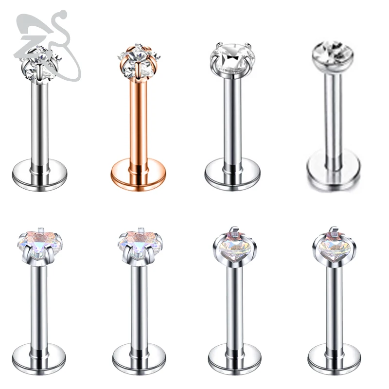 

ZS 6Pcs/lot Crystal Labret Piercing Set 16G Stainless Steel Lip Labret Stud Silver Color Ear Tragus Helix Earring Conch Piercing