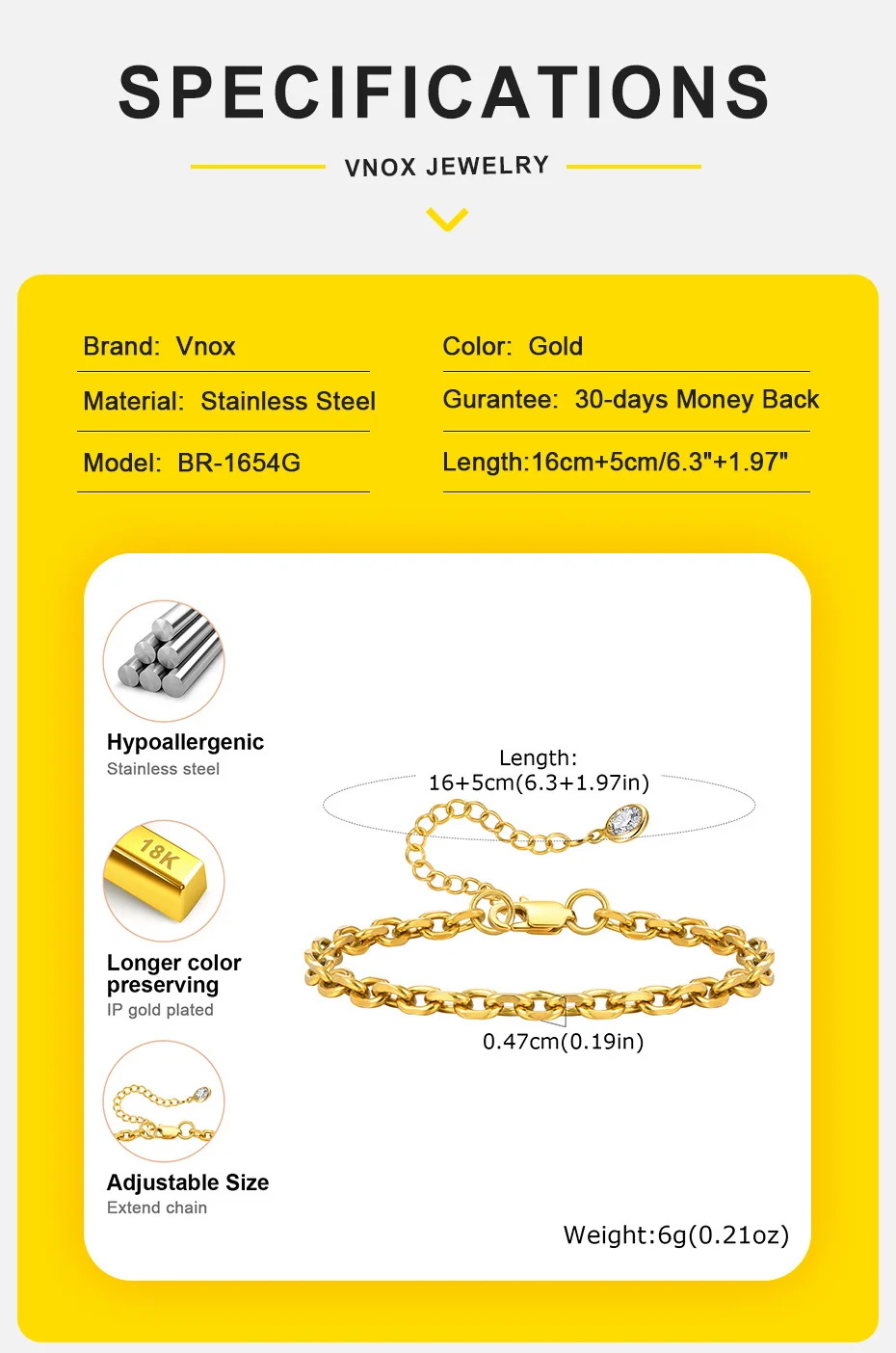 Vnox Damen-Gliederkettenarmband, klassische vergoldete Edelstahl-verstellbare Armbänder, Charm-weiblicher Schmuck, Steinschwanz-Geschenke – Detail 5