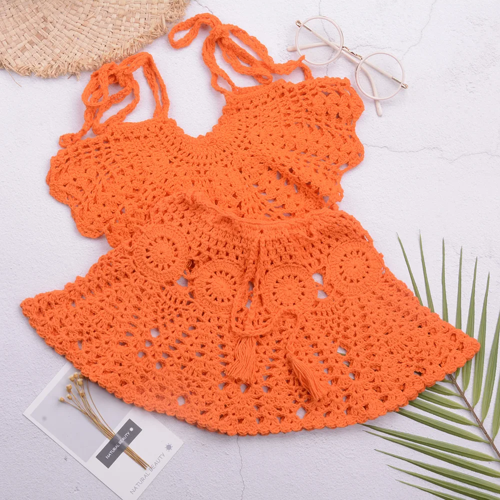 DIY European and American Fashion Handwoven Hollow Suspender Tank Top Short Skirt Girls' Split Swimwear Set