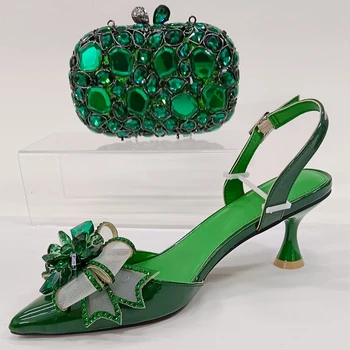 INSIGHTLINK Women's Green Color Rhinestones Shoes and Bag Set Pointed Toe Pumps for Wedding Party Diamonds High heeled sandals 1