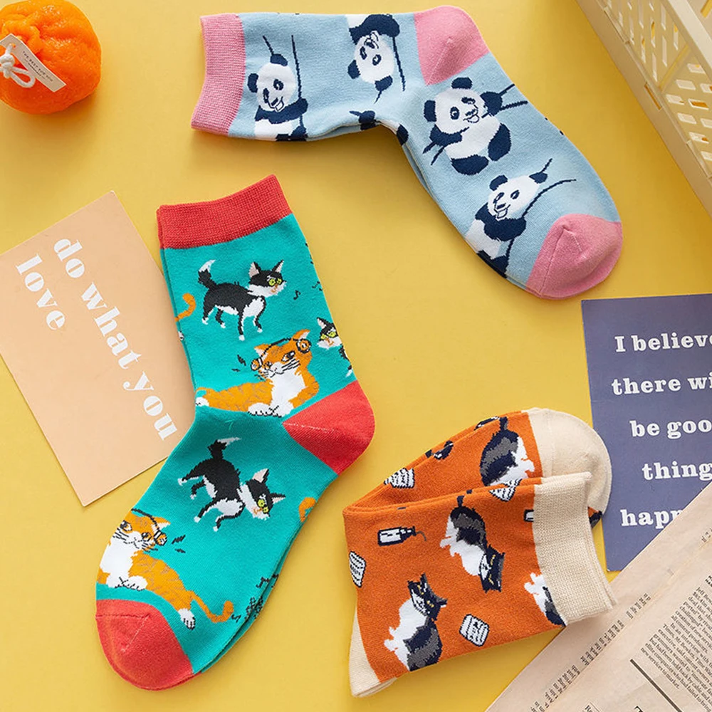 3 Pairs Women Cartoon Socks Embroidery Harajuku Cute Cotton Animal Candy Socks Korean Fashion Girls Kawaii Breathable Casual Sox