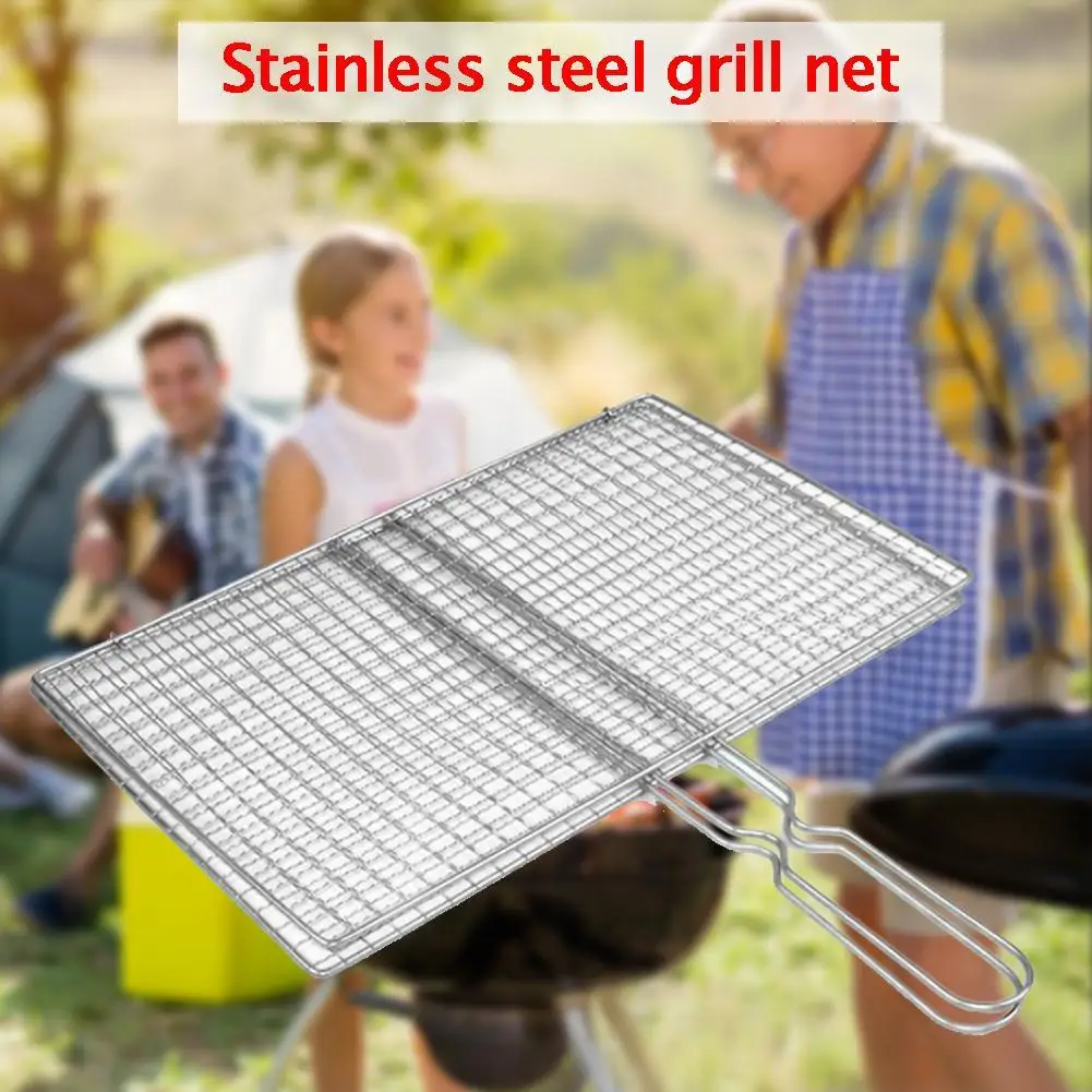1PCS Stainless Steel Grill Net Barbecue Vegetable Fish Grilling Mesh Foldable Handle For Outdoor Camping Picnic BBQ Cooking Tool
