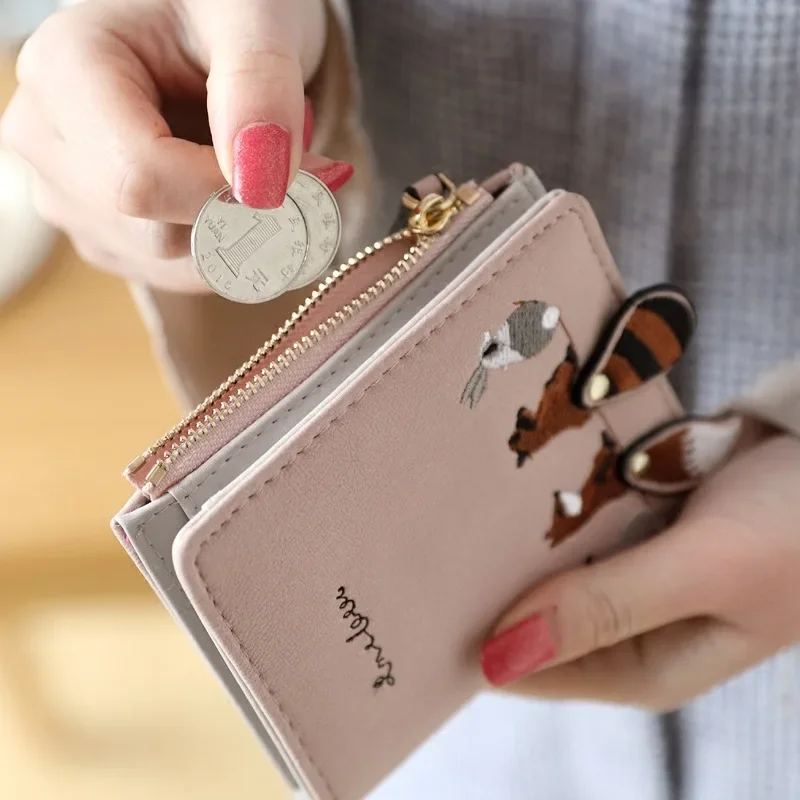 Cute Fox Rabbit Embroidered Purse for women 2 Folding Wallet Girls Small Hasp Coin Pocket Purse Female Designer Short Wallets