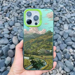 Japan Series Aesthetic Landscape Phone Case - Scenery Back Cover with Laser Design - iPhone 13 Mini (CH - Green RSFJ 5)