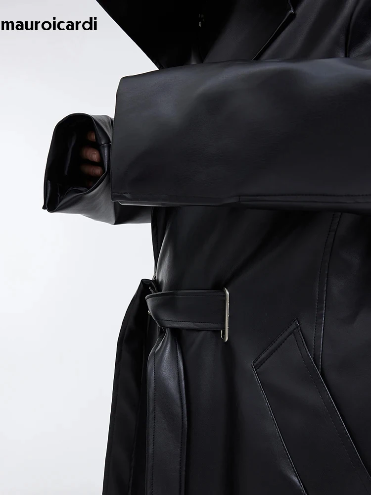 Mauroicardi Autumn Long Oversized Waterproof Black Faux Leather Trench Coat Men with Hood Loose Luxury Designer Clothes 2023 4