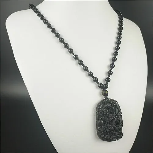 Chinese Natural Jade Dragon Pendant Beads Necklace Charm Jewelry Obsidian Carved Amulet Gifts For Men pendant necklace jasper pendant