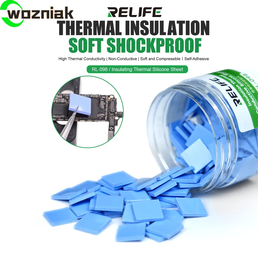 RELIFE RL-098 100 Stück blaues leitfähiges Silikongelid für Computer-CPU-Chips, Kühlkörper, leitfähiges, blau geschnittenes Kühlpad, cool
