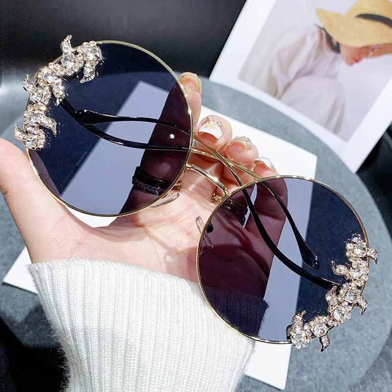 New Rimless Cut Edge Diamond Sunglasses Fashion Round Rhinestone