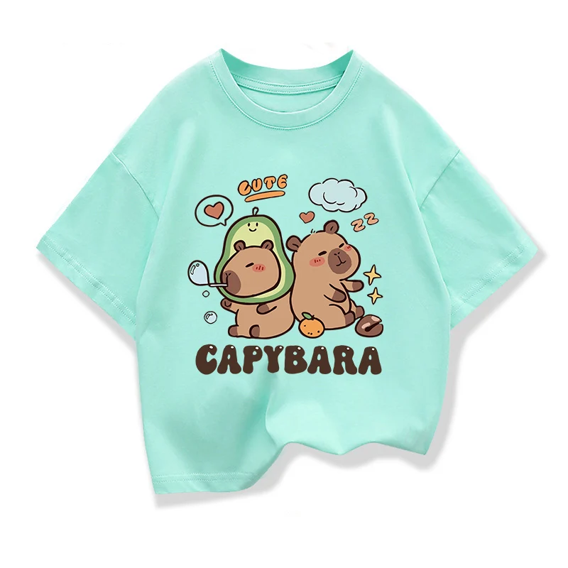 2025 New Kids Shirts Capybara Printed Cartoon T Shirt for Girls Summer Animal Printing Boy T Shirt Tops Tees Children Clothes 5