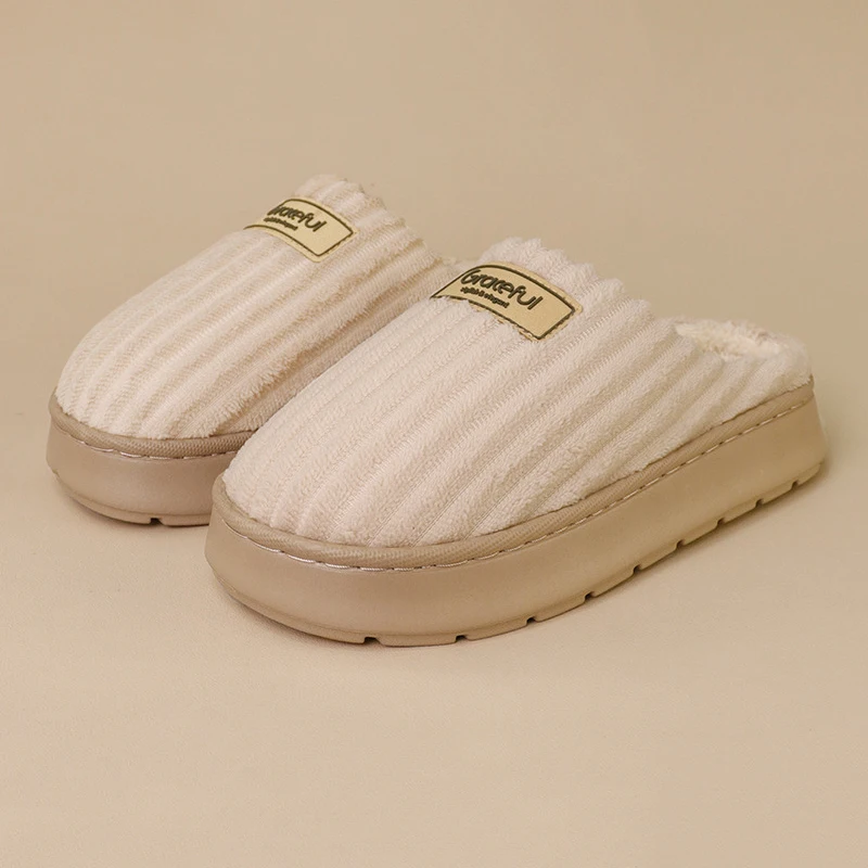 Winter Thick Bottom Plush Slippers Women Comfortable Corduroy Non Slip Home Slippers Woman Soft Sole Plush Warm Cotton Slides