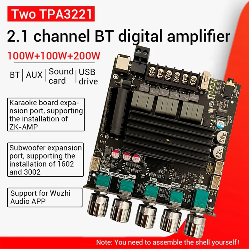 

ZK-ST21 Bluetooth Power Amplifier Board 2.1Channel 100W+100W+200W Subwoofer TPA3221 Digital Power Amplifier Module, Durable
