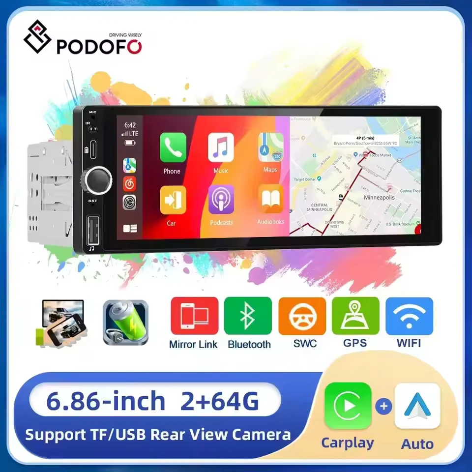 Podofo 1din 안드로이드 라디오 6.86 2 + 64G 자동차 스테레오 라디오 GPS 네비게이션 WIFI Carplay 안드로이드 자동 블루투스 FM/RDS 자동차 플레이어