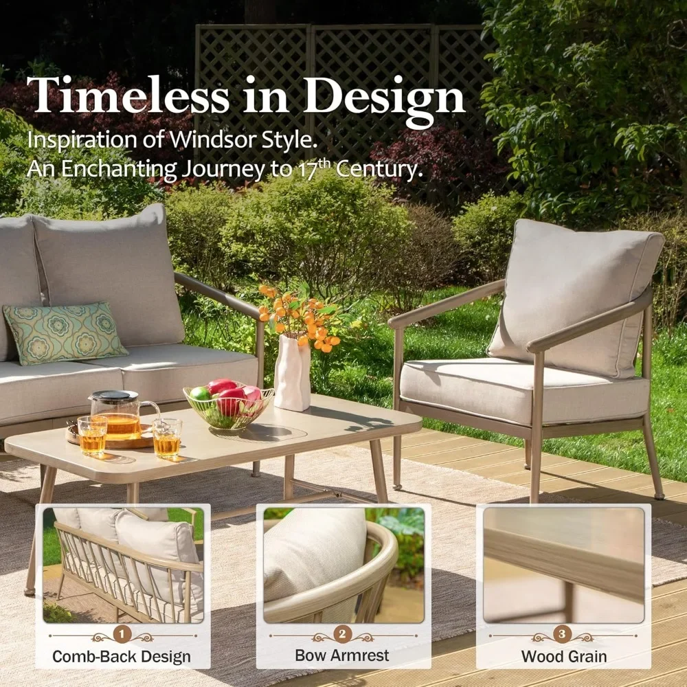 Patio Furniture Set,2 x Cushioned Leg Chair, 3-Seat Sofa with Coffee Table, 5 Seats Luxury All Weahter Outdoor Sofa Set for Deck 5