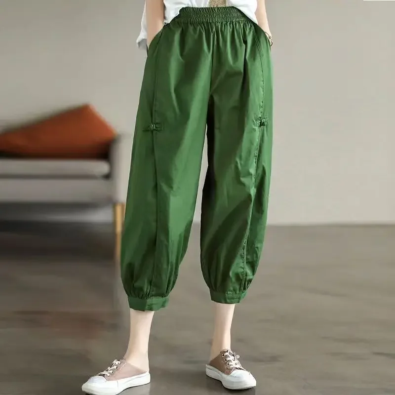Women's Clothing Summer Vintage Fashion Cotton Thin Capris Casual High Waist Loose Harem Pants Solid Cropped Trousers Pantalones