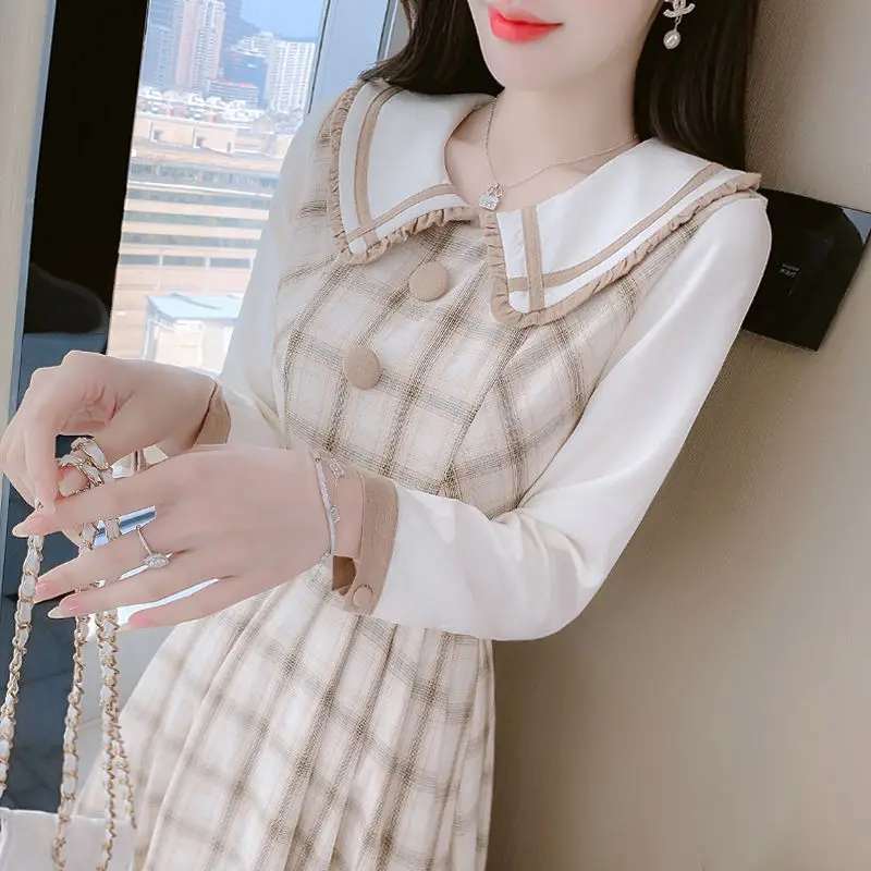 

Intage College Style Doll Collar Plaid Dress for Women's 2023 Spring Autumn Wear New Form Artistic Temperament Goddess Style