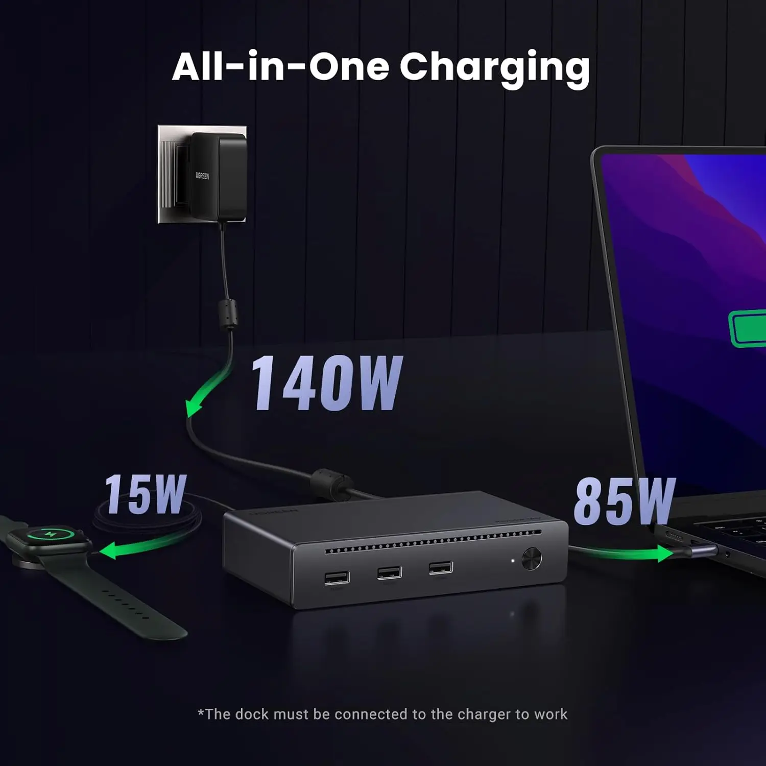 유그린 4 도크 8-in-1 40Gbps 허브 3xTB4 듀얼 4K60Hz/싱글 8K 디스플레이 85W 충전 기가비트 이더넷 3xUSB 3.2 포트
