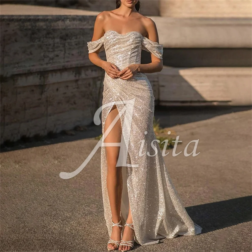 

Simple A-Line Wedding Dress Off Shoulder Sleeveless With Pleats Sequined Bride Dresses Lace Wedding Dresses Vestidos Dresses