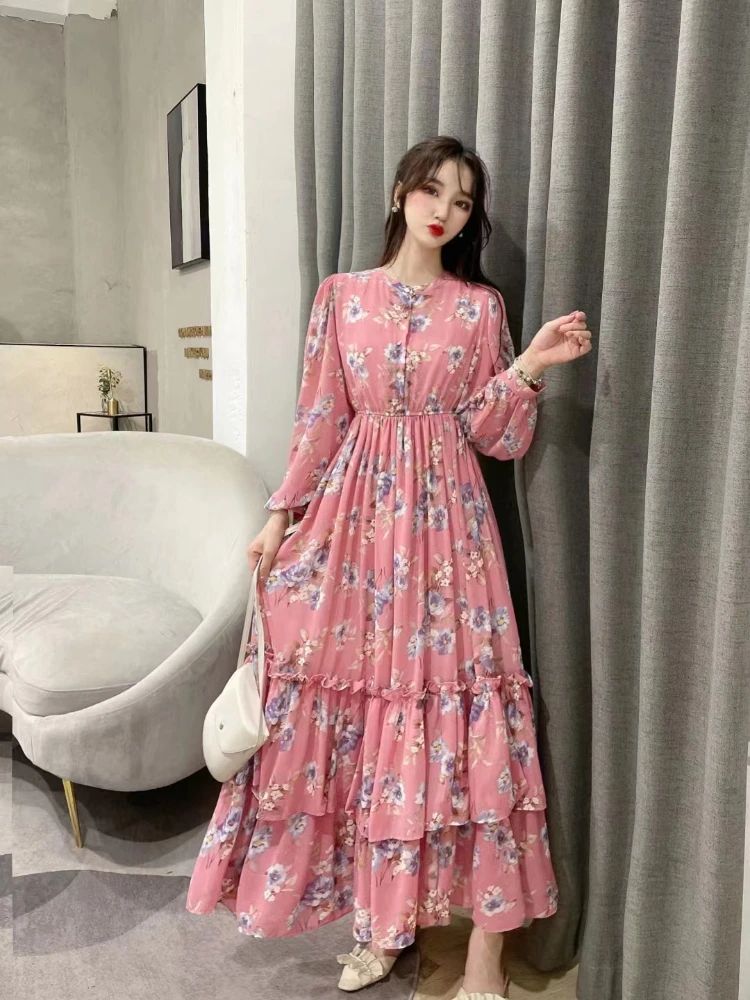 Floral Print Pleated Dress Women Chiffon Stand Collar Nine