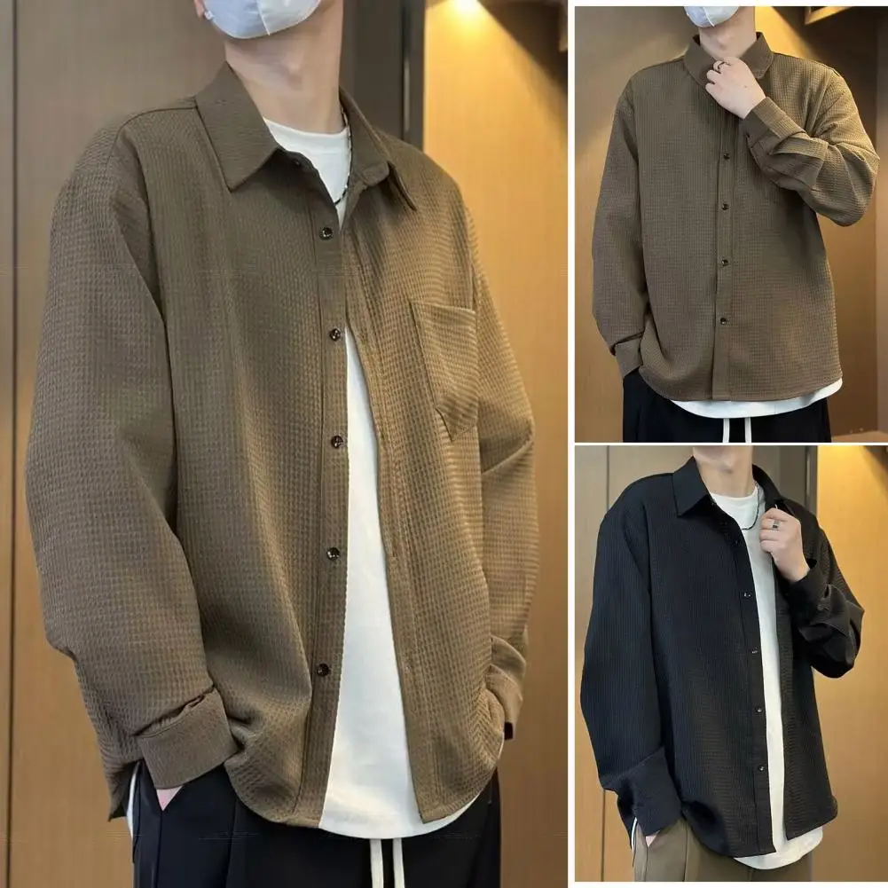 

Soft Men Short-sleeved Shirt Men's Fall Spring Cardigan Shirt with Turn-down Collar Long Sleeve Loose Fit Mid Length for Young